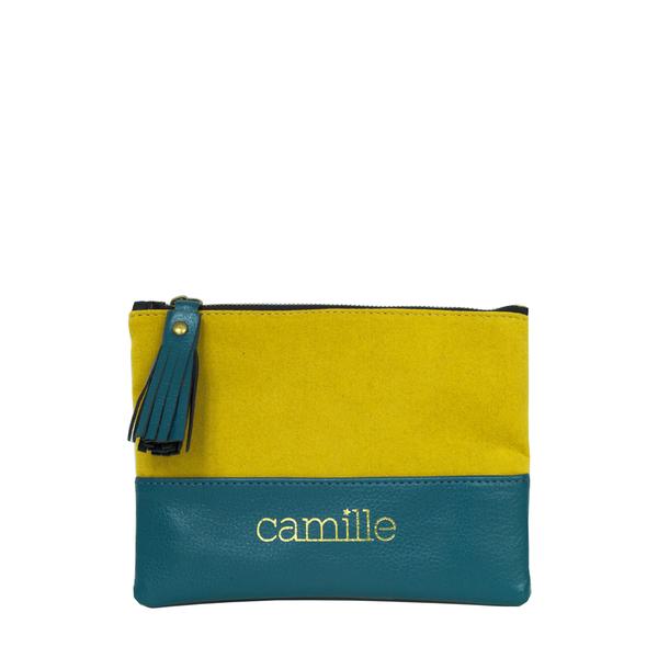 Pochette en alcantara jaune et en cuir vegan bleu de pomme, fabriqué en France, maroquinerie vegan et éthique camille