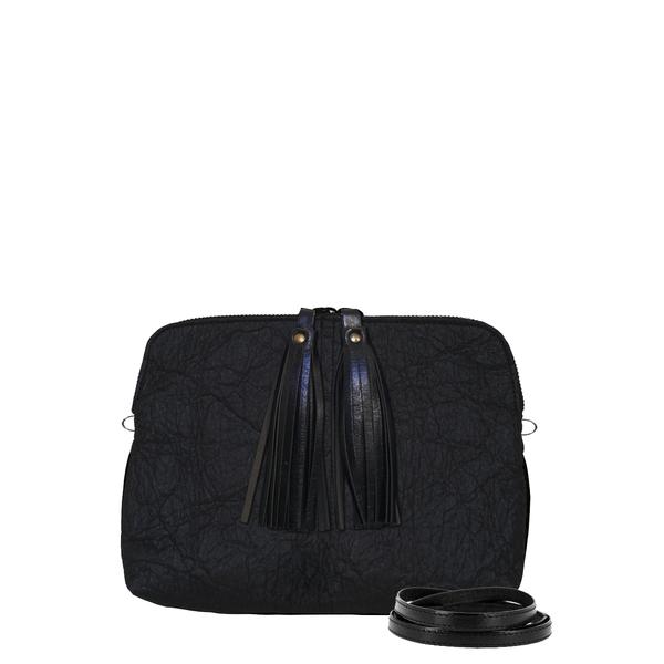 Sac noir en pinatex, cuir vegan d'ananas, et avec anse et pompoms noirs en cuir de pomme, fabriqué en France, maroquinerie vegan et éthique camille